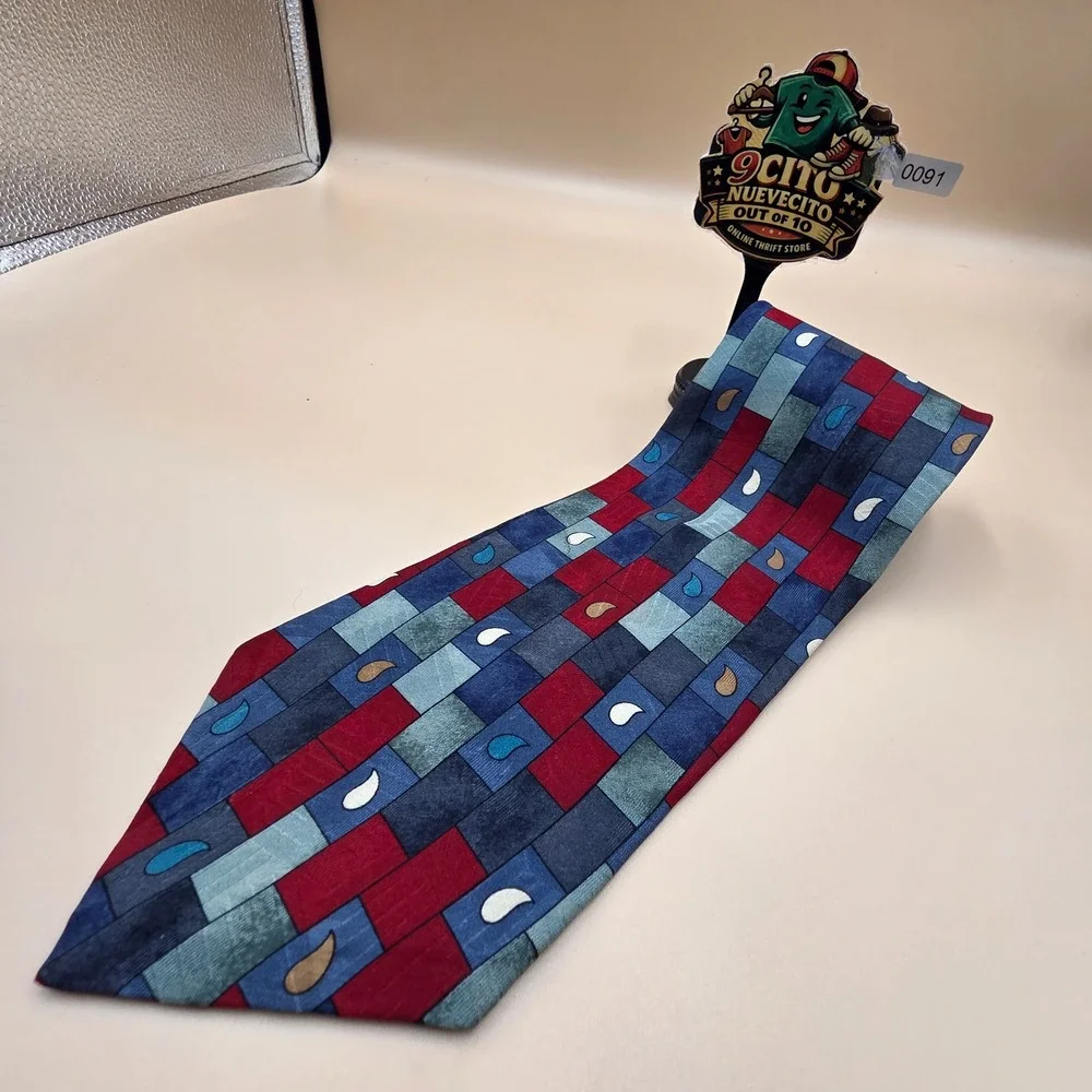 Oscar de la Renta Couture Collection Silk Tie Geometric Paisley Navy Burgundy